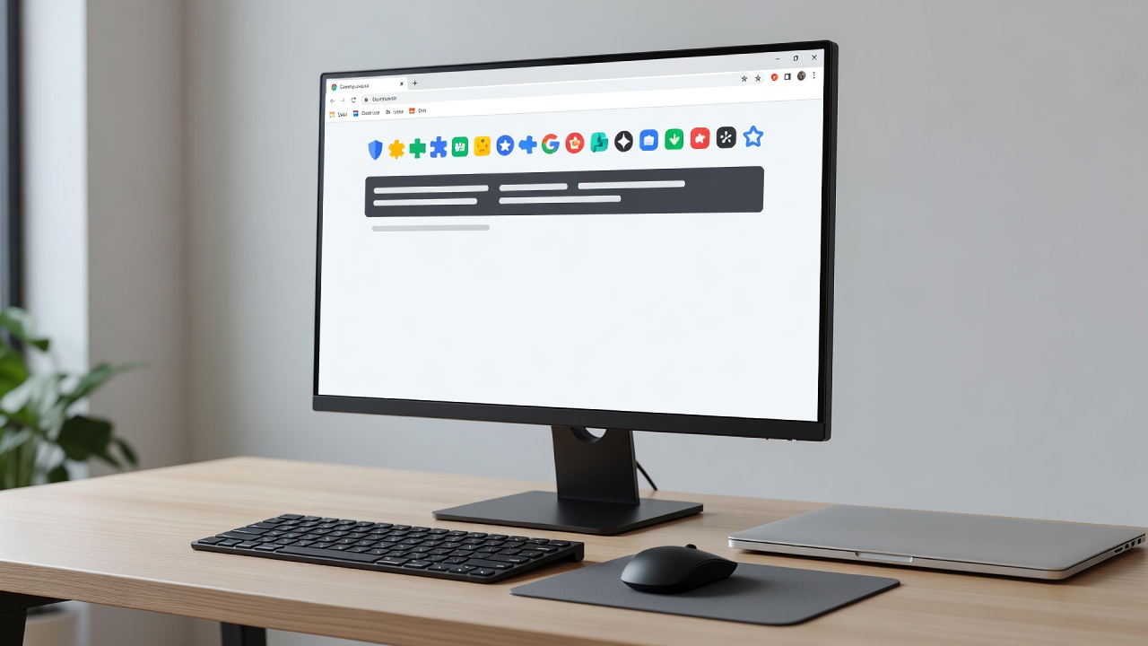 Desktop monitor on a tidy desk showing a web browser with a row of extension icons in the toolbar