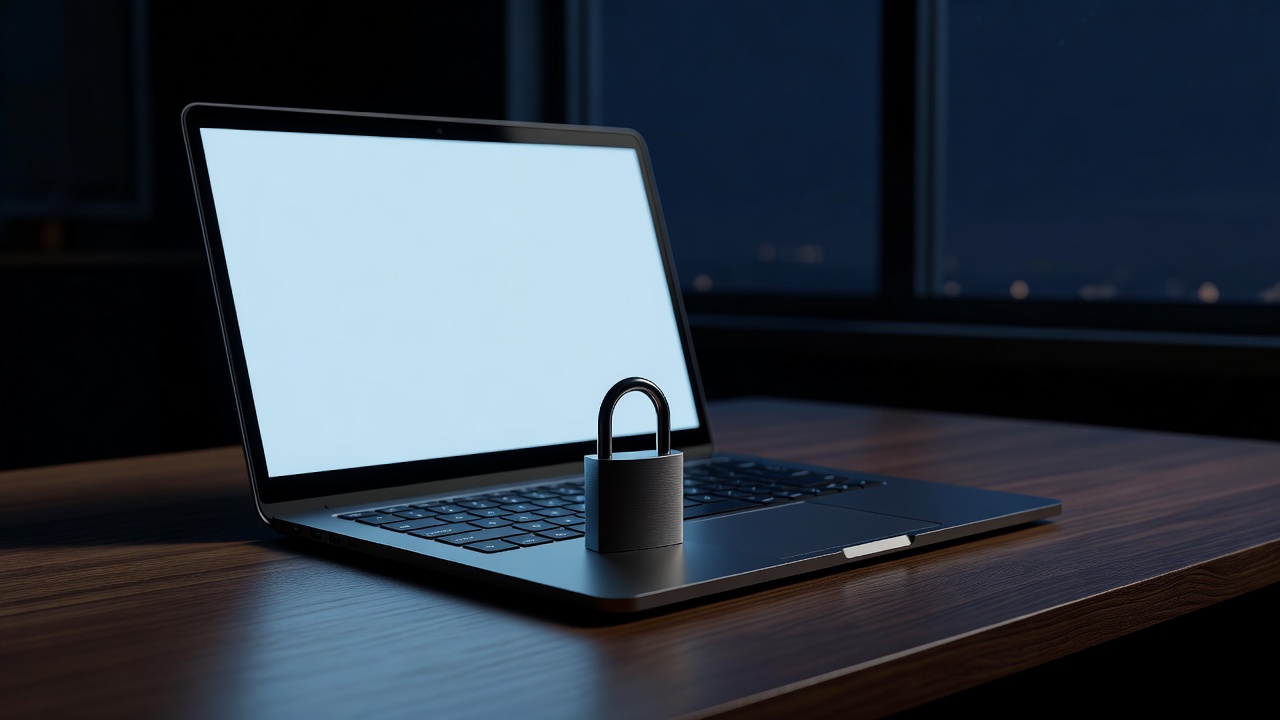 Open laptop on a desk at night with a small metal padlock resting on the keyboard