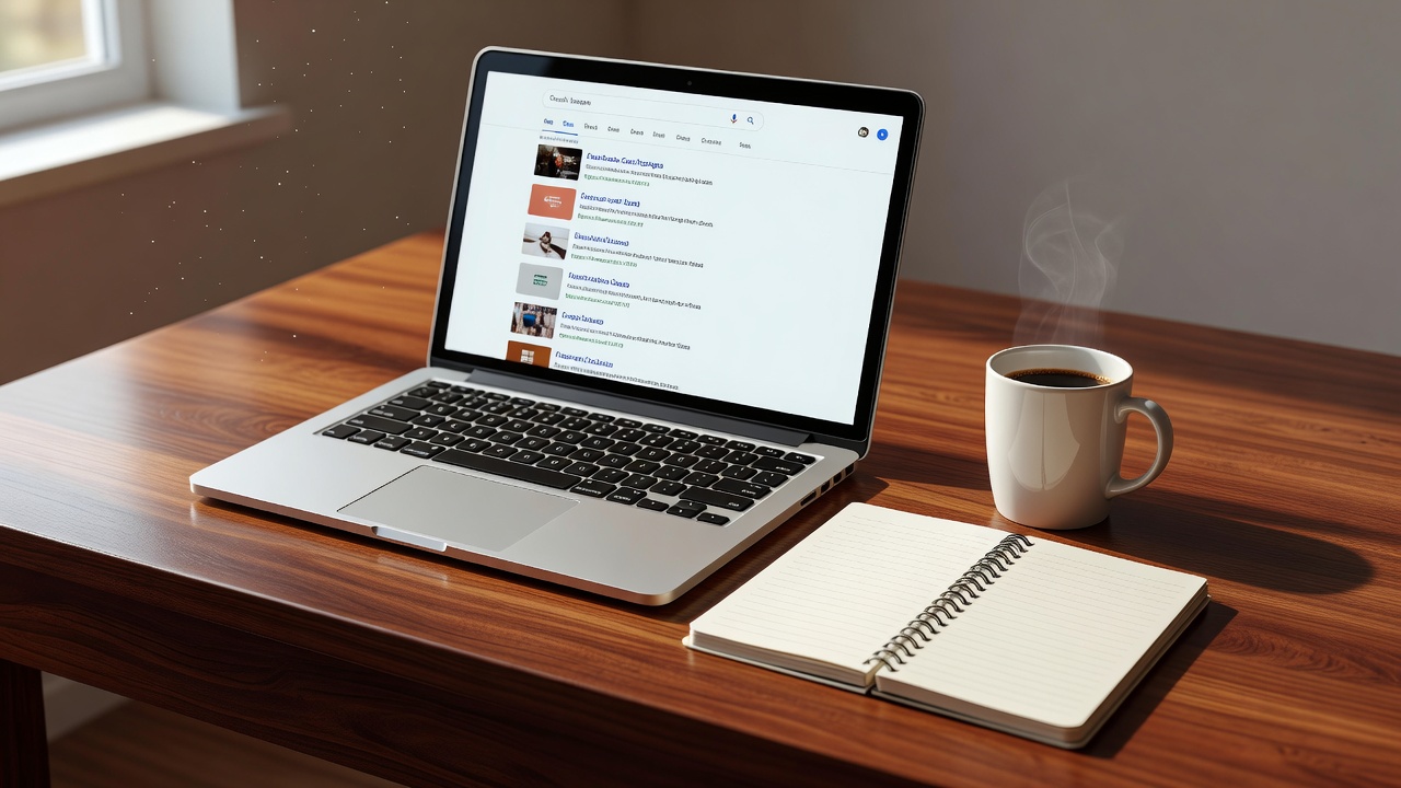 Laptop on a wooden desk showing a page of search results beside a notebook and a cup of coffee