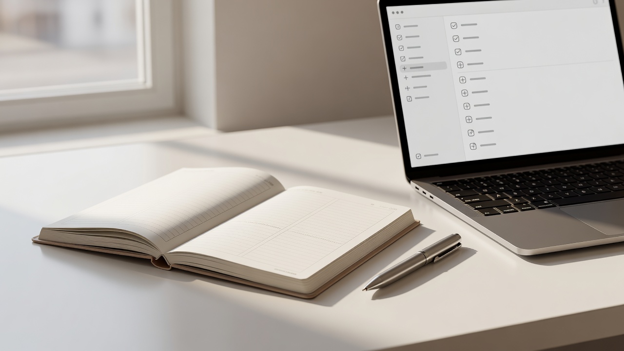 Paper planner, pen and laptop with a to-do app open, arranged on a bright desk