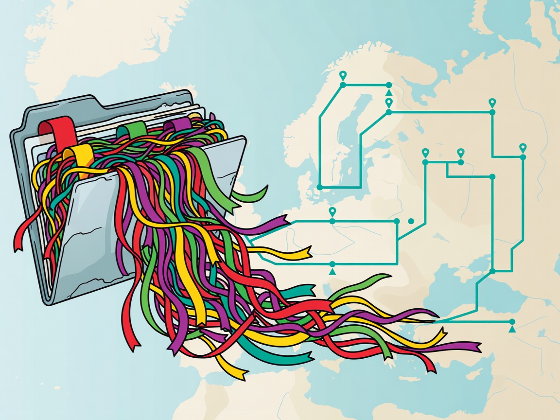 Flat illustration of an overflowing bookmark folder turning into a tidy map with teal route markers
