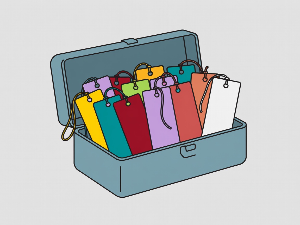 Flat illustration of an open toolbox filled with tagged bookmark cards