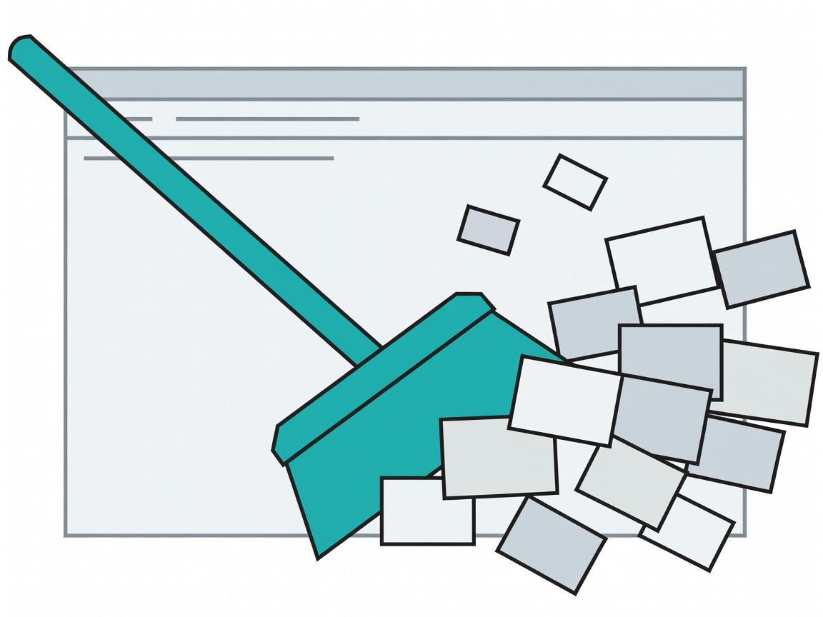 Flat illustration of a teal broom sweeping pop-up boxes off a browser window