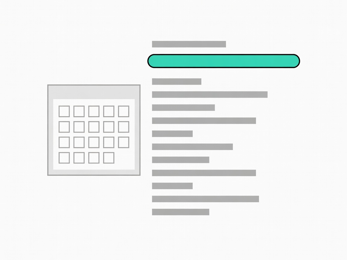 Flat illustration of a calendar page beside a search result list with a teal date slider