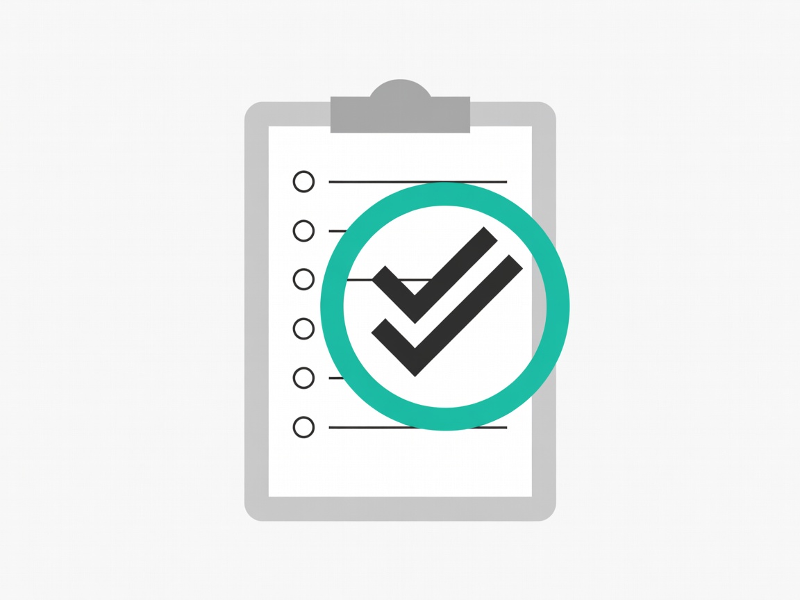 Flat illustration of a checklist clipboard with a teal approval stamp