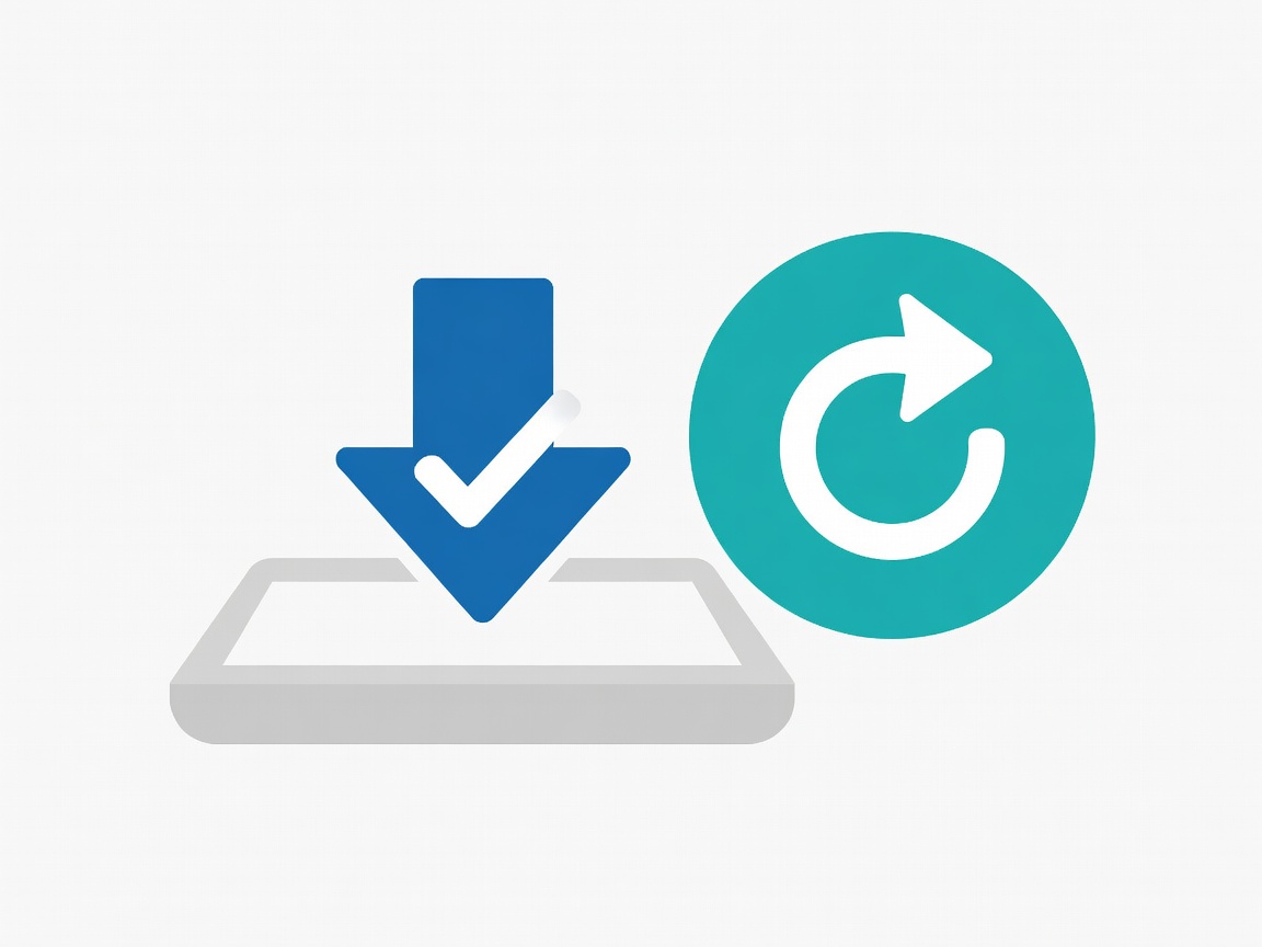Flat illustration of a download arrow landing in a tray beside a teal update refresh icon