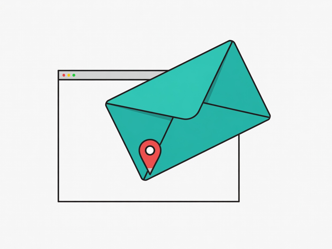 Flat illustration of a teal envelope flying out of a browser window with a small map pin