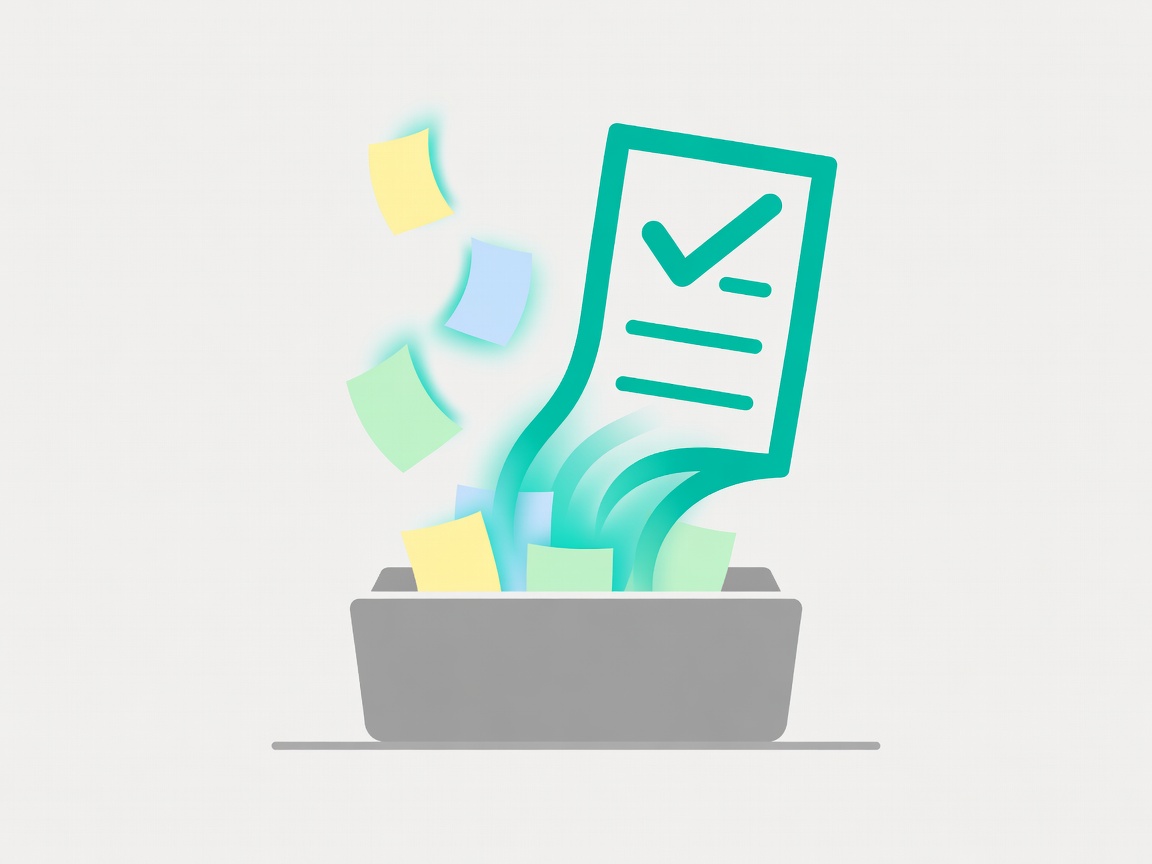 Flat illustration of an inbox tray collecting floating task cards that turn into a teal checklist