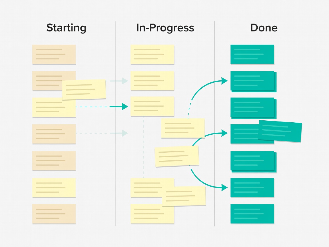 Flat illustration of a three-column board with cards moving towards a teal Done column