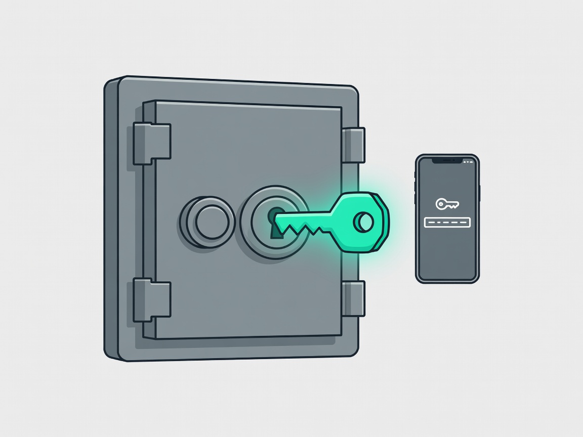 Flat illustration of a vault with a glowing teal key and a phone showing a passkey prompt