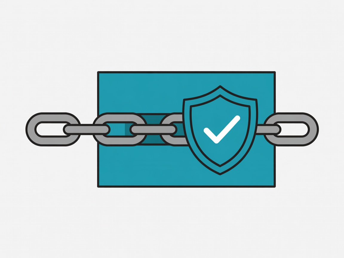Flat illustration of a chain link passing through a teal scanner with a shield and check mark