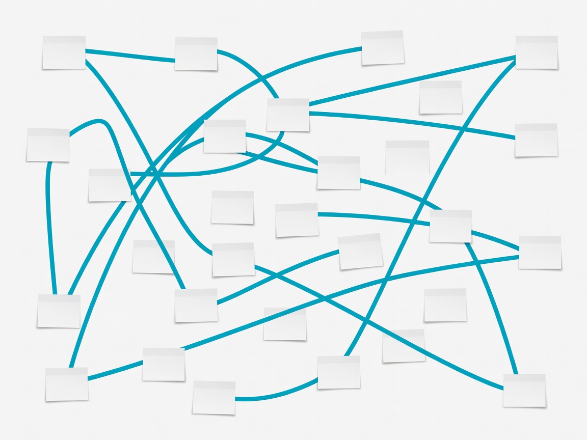 Flat illustration of note cards connected by teal lines like a map of ideas