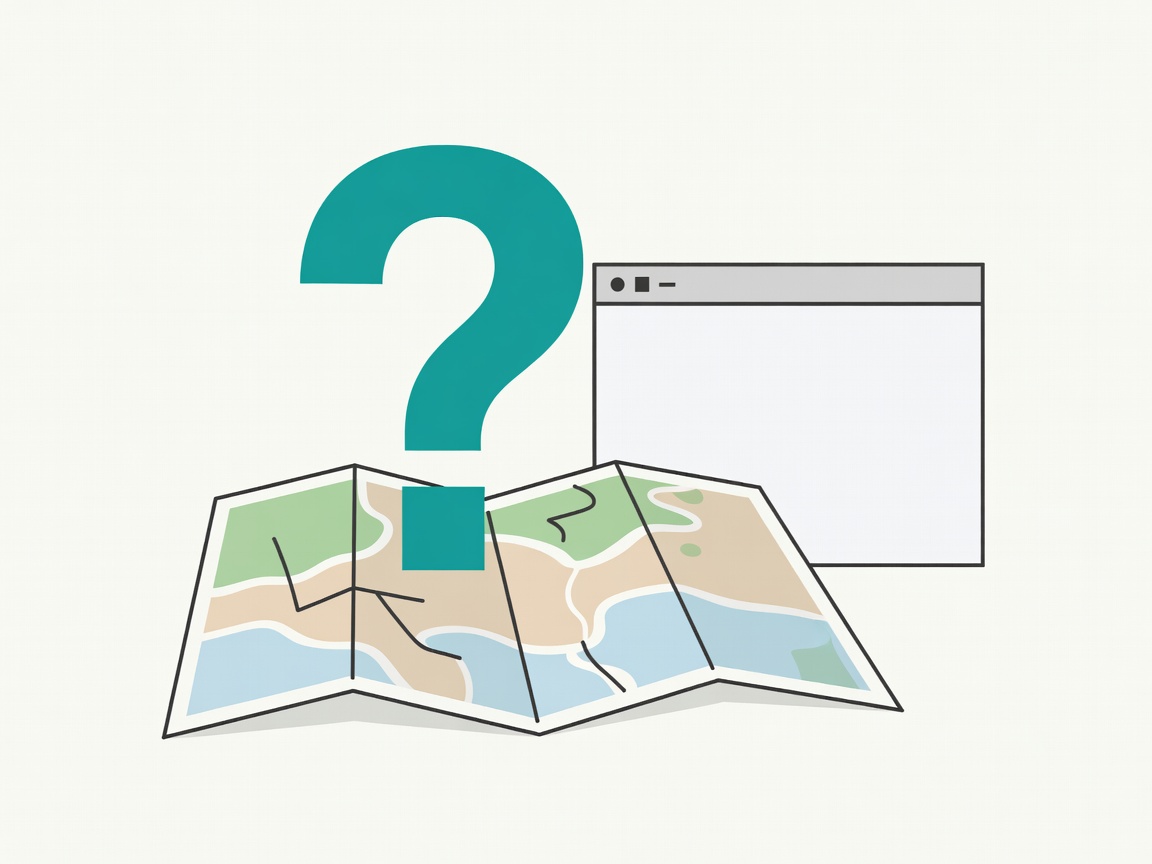 Flat illustration of a large teal question mark standing on a folded map beside a browser window