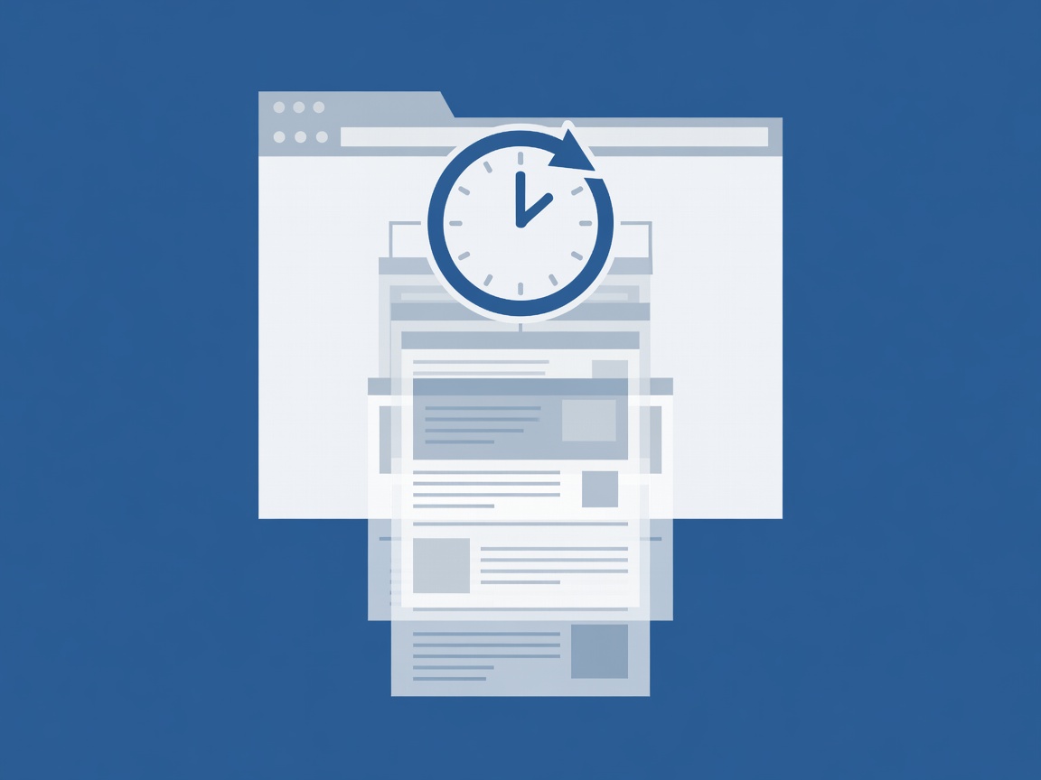 Flat illustration of a browser window with a rewind clock and stacked older versions of a web page