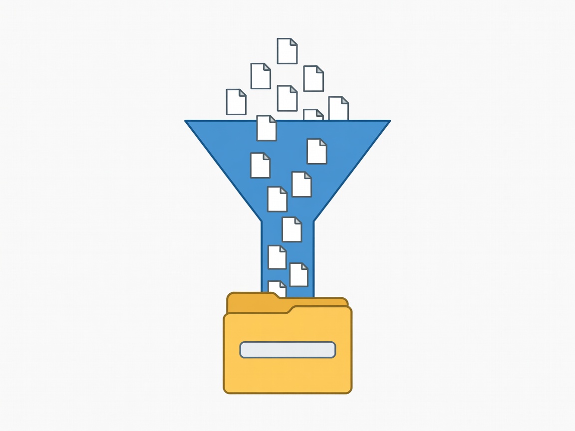 Flat illustration of a funnel filtering web pages into a single folder labelled with a domain name